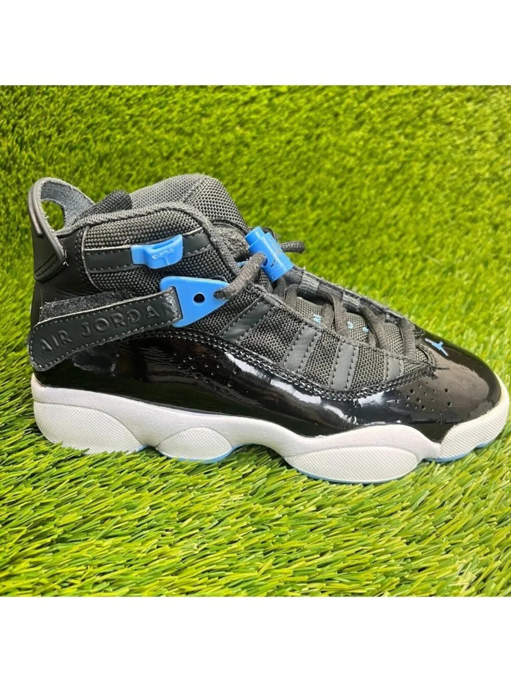 Nike Air Jordan 6 Rings Boys Size 4Y Black Blue White Basketball Shoes Sneakers